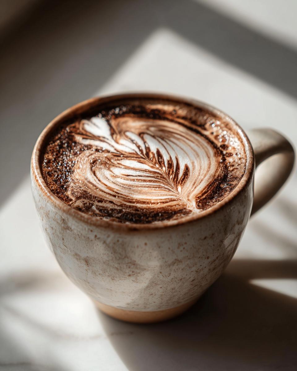 A close-up of a Hot Chocolate Coffee Mocha with intricate latte art in a rustic mug.
