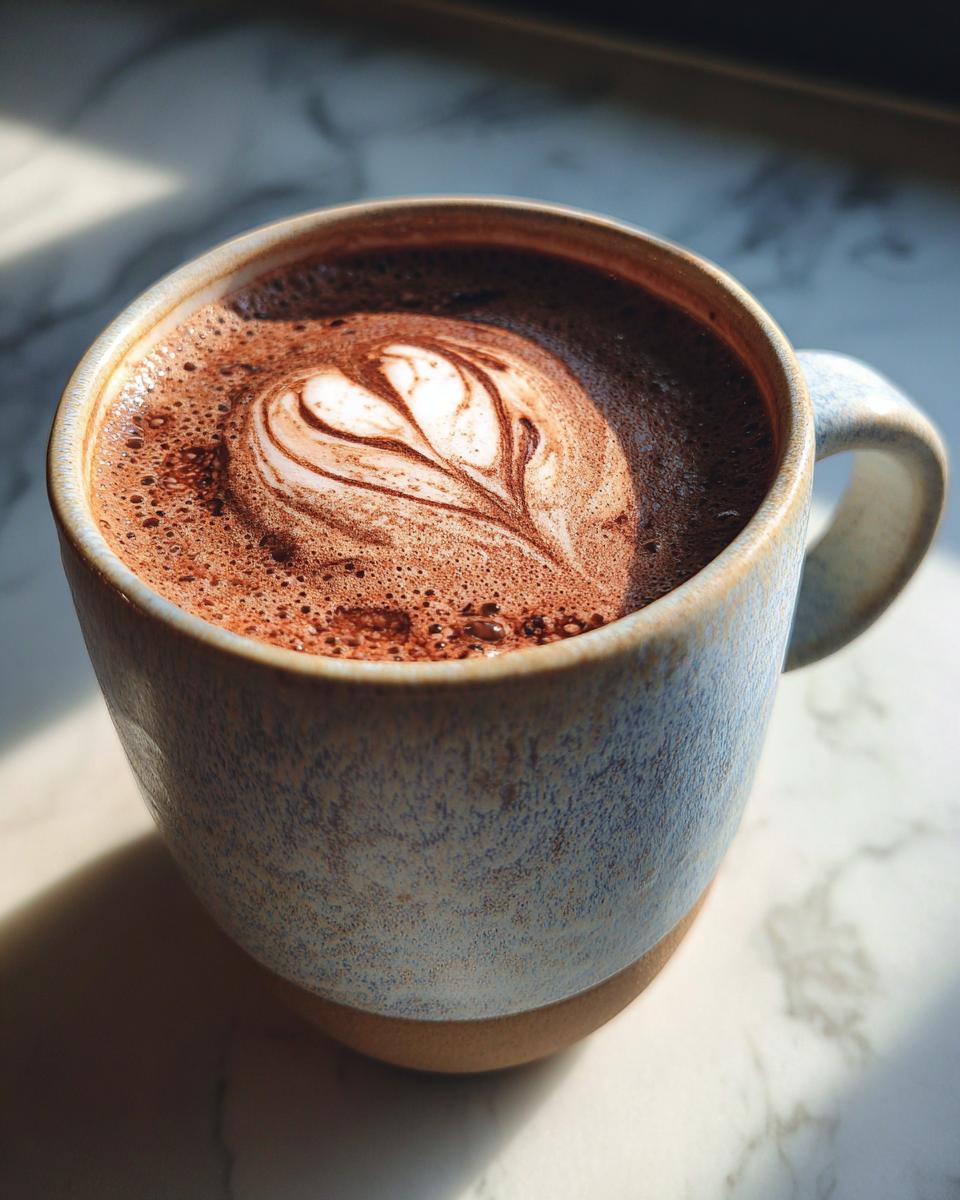 A close-up of a steaming mug of Hot Chocolate Coffee Mocha with a beautiful latte art heart design on top.