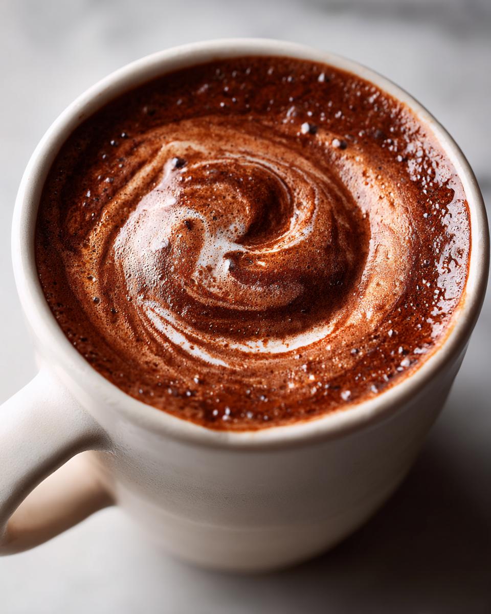 Close-up of a creamy swirl on top of a Hot Chocolate Coffee Mocha in a white mug.