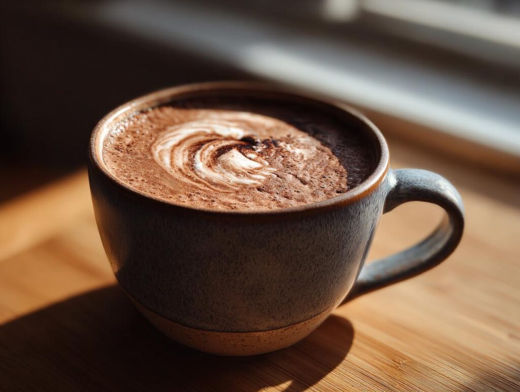 A close-up of a steaming mug of Hot Chocolate Coffee Mocha, featuring a beautiful swirl on top.