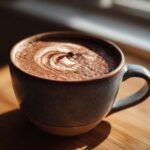 A close-up of a steaming mug of Hot Chocolate Coffee Mocha, featuring a beautiful swirl on top.