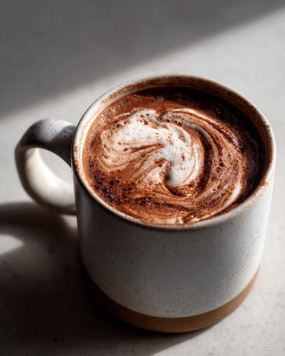 Close-up of a creamy Hot Chocolate Coffee Mocha with beautiful cocoa swirls in a white mug.