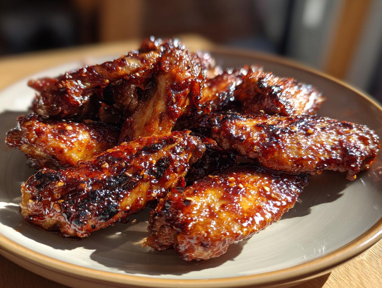 A plate of glistening Hot Honey BBQ Chicken Wings, cooked to perfection with a sticky, sweet, and spicy glaze.