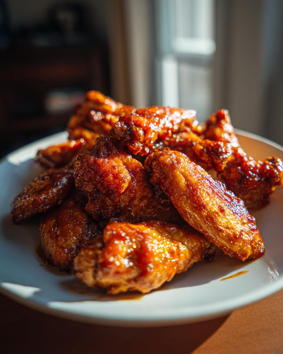 A plate of glistening Hot Honey BBQ Chicken Wings, ready to be devoured.