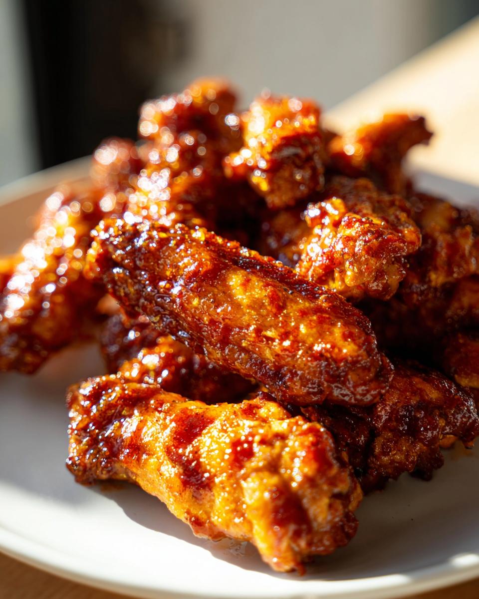 A plate piled high with glistening Hot Honey BBQ Chicken Wings, ready to eat.