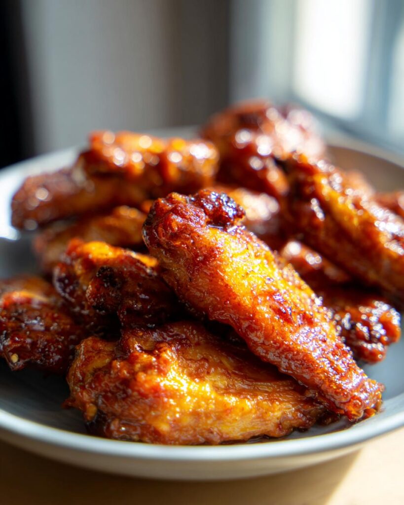 A plate of glistening Hot Honey BBQ Chicken Wings, cooked to perfection and ready to eat.