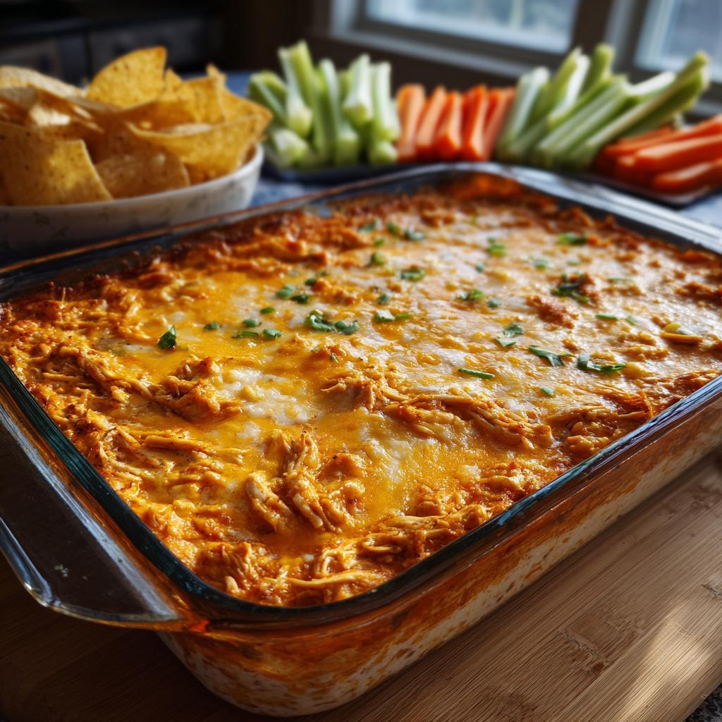 Baked Hot Honey BBQ Chicken Wings dip in a glass baking dish, served with tortilla chips and vegetables.