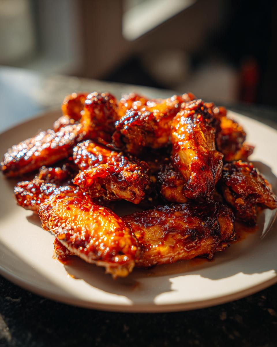 A plate piled high with glistening Hot Honey BBQ Chicken Wings, ready to eat.