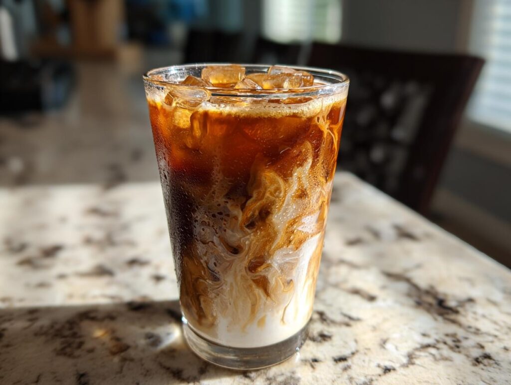 A tall glass filled with an Iced Caramel Macchiato coffee, showing swirls of cream and caramel over ice.