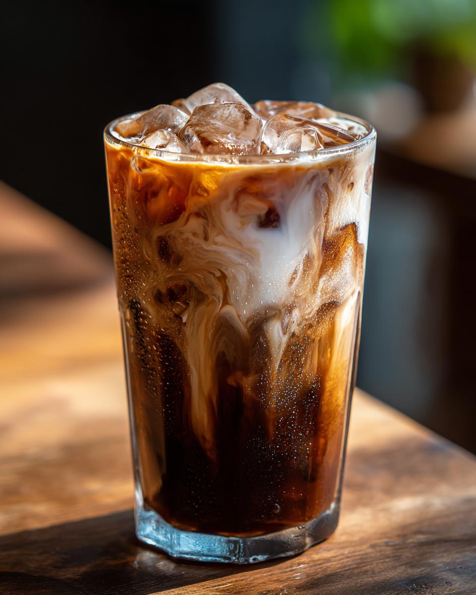 Close-up of a tall glass filled with an Iced Caramel Macchiato coffee, showing swirls of cream and ice.