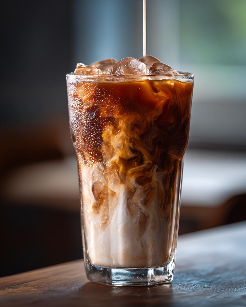 Close-up of a tall glass filled with Iced Caramel Macchiato coffee, showing swirls of cream and ice.
