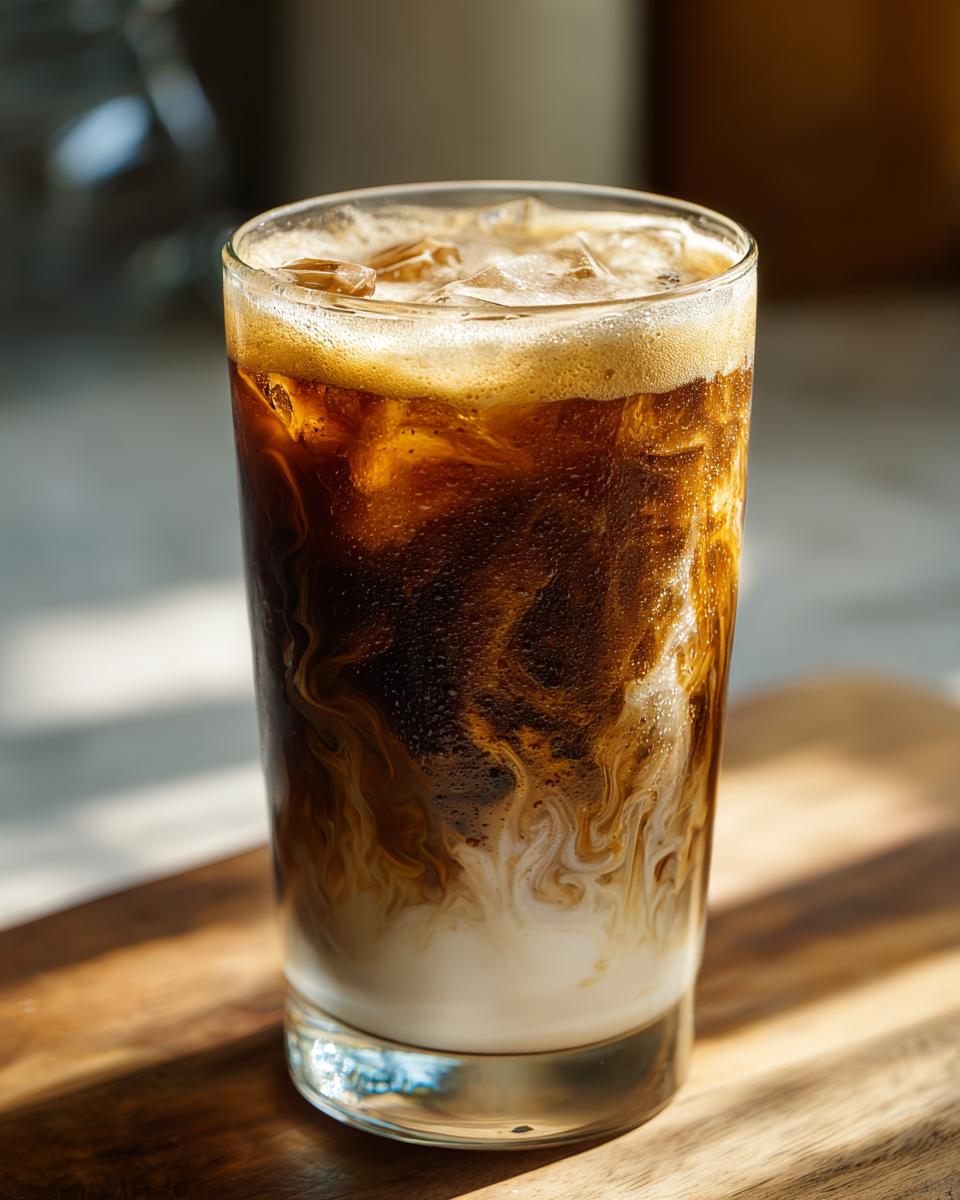 A tall glass of Iced Caramel Macchiato coffee with swirls of cream and ice cubes, on a wooden surface.