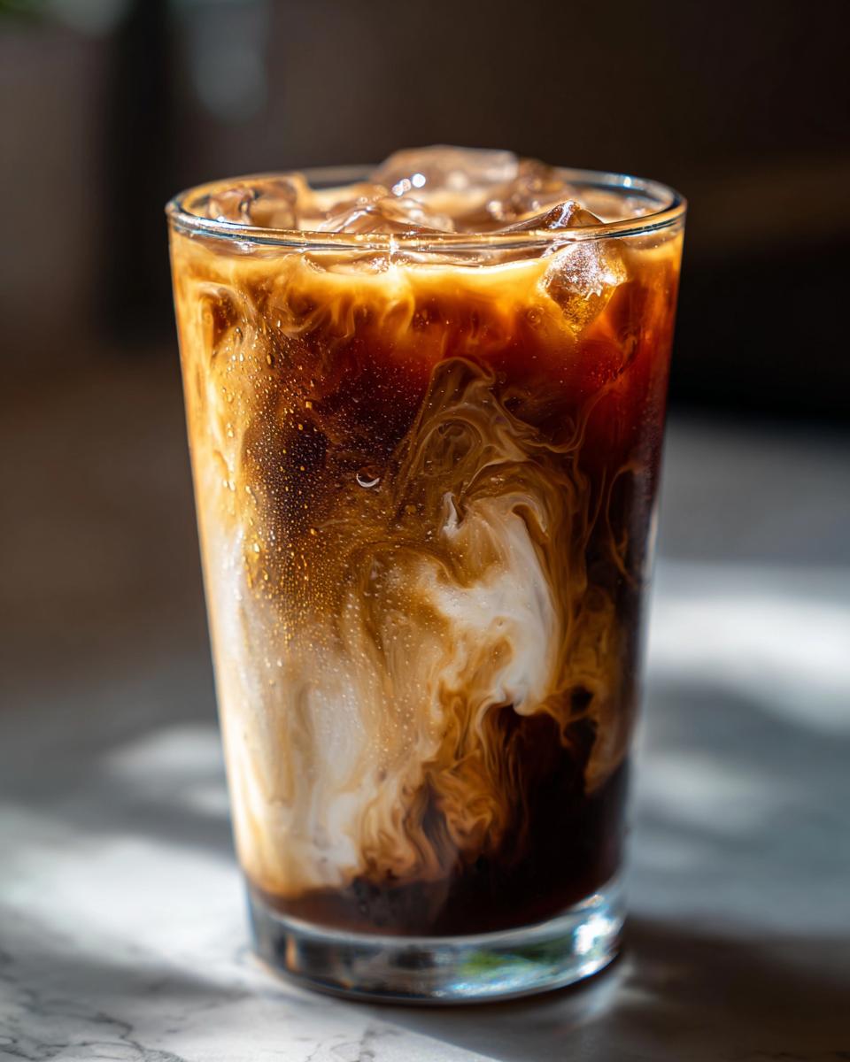 Close-up of a refreshing Iced Caramel Macchiato coffee with swirling cream and ice.