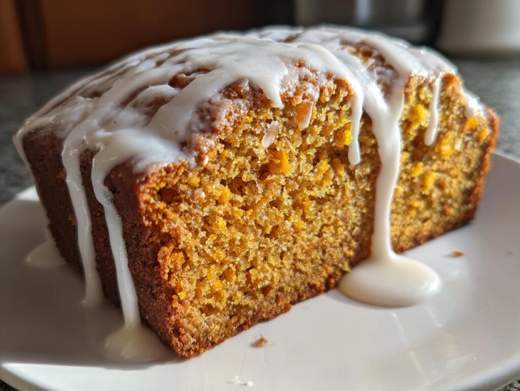A close-up of a slice of moist iced pumpkin spice bread, with white icing drizzled over the top.