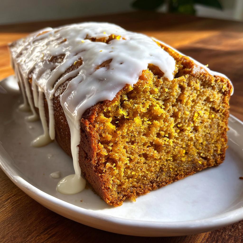 A close-up of a slice of moist Iced Pumpkin Spice Bread, drizzled with white icing.