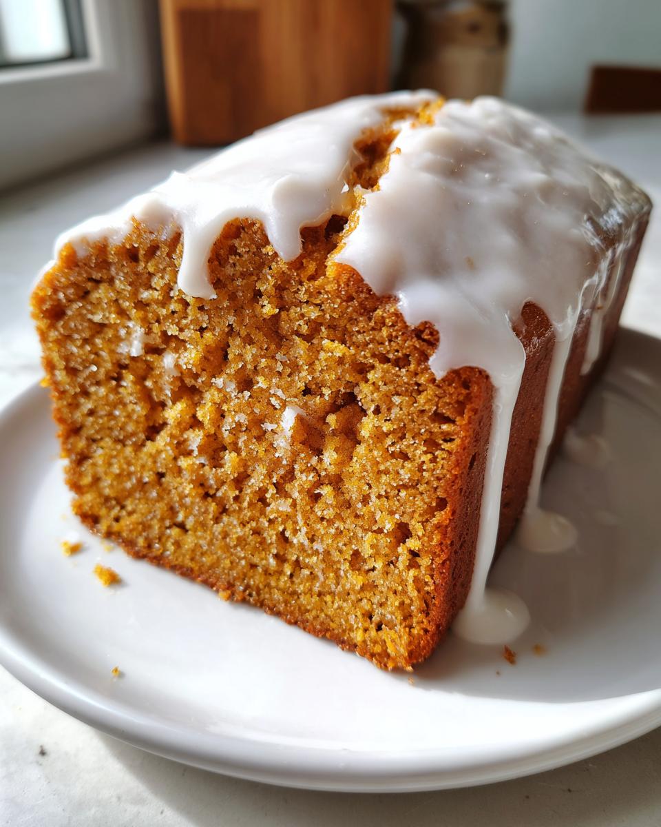 A close-up of a slice of moist iced pumpkin spice bread on a white plate, showing the rich orange crumb and dripping white glaze.