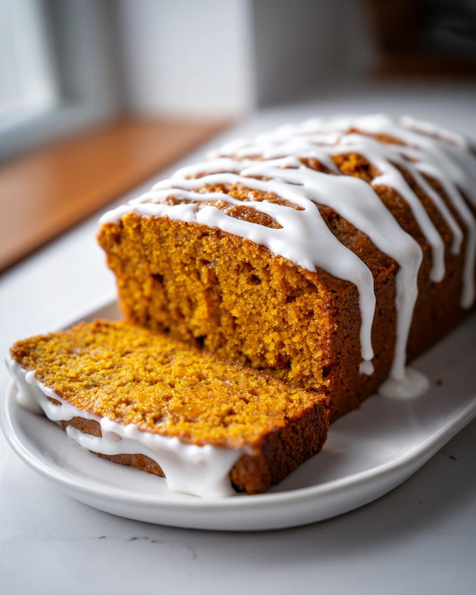 A slice of moist Iced Pumpkin Spice Bread drizzled with white icing on a white plate.