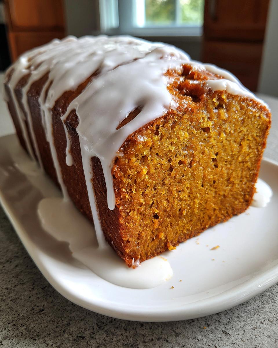 A slice of moist Iced Pumpkin Spice Bread with a generous drizzle of white icing.