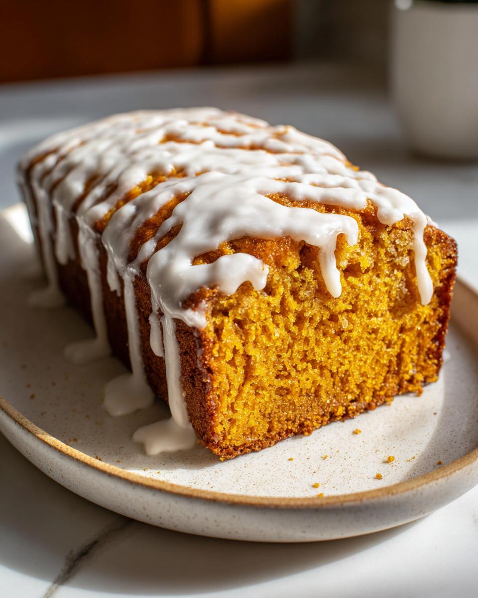 A slice of moist Iced Pumpkin Spice Bread on a plate, drizzled with white icing.