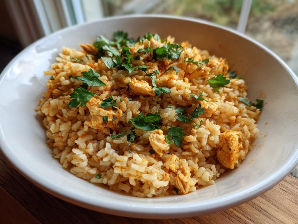 A bowl of Instant Pot chicken and rice, garnished with fresh parsley. Ready to eat!