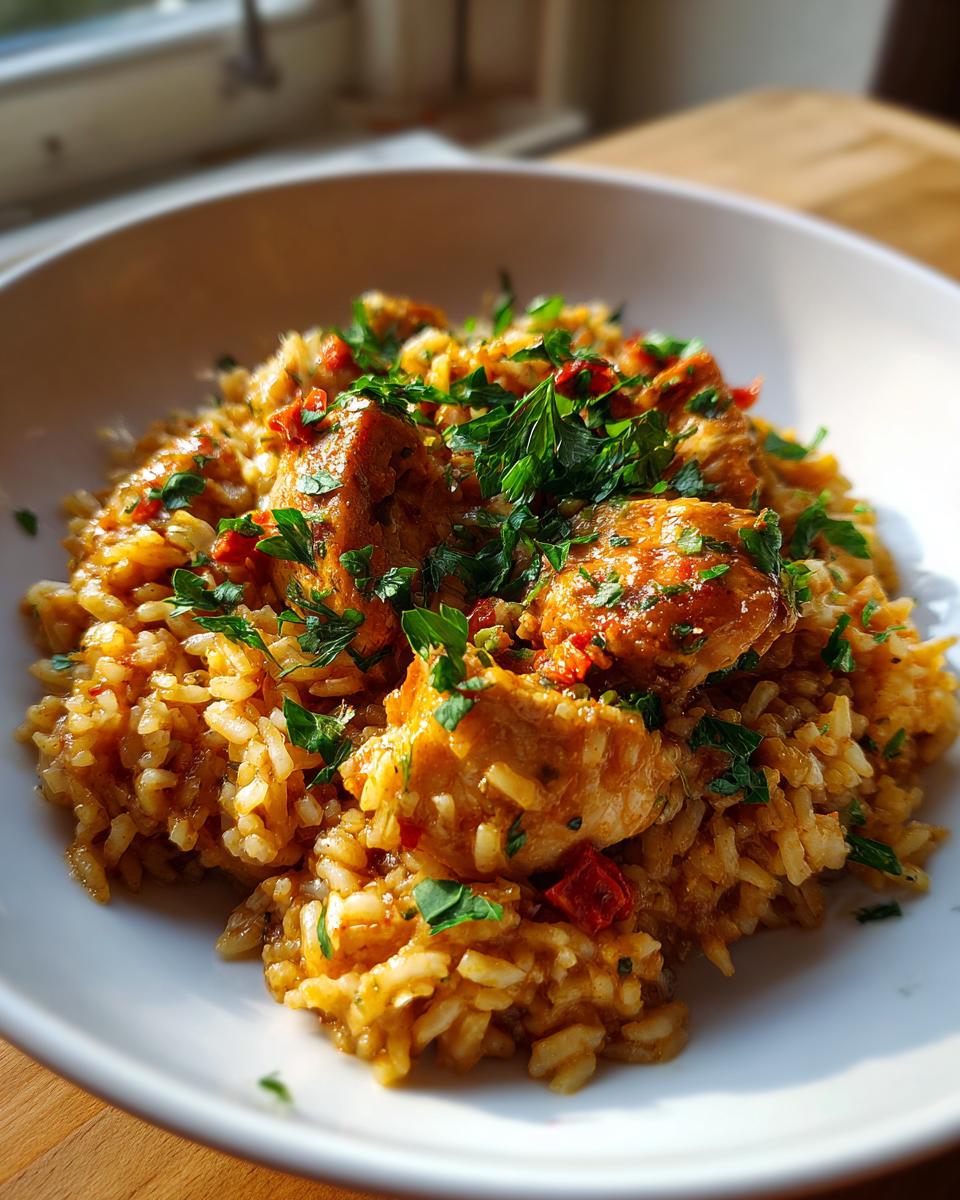 Close-up of Instant Pot chicken and rice, garnished with fresh parsley and red peppers.
