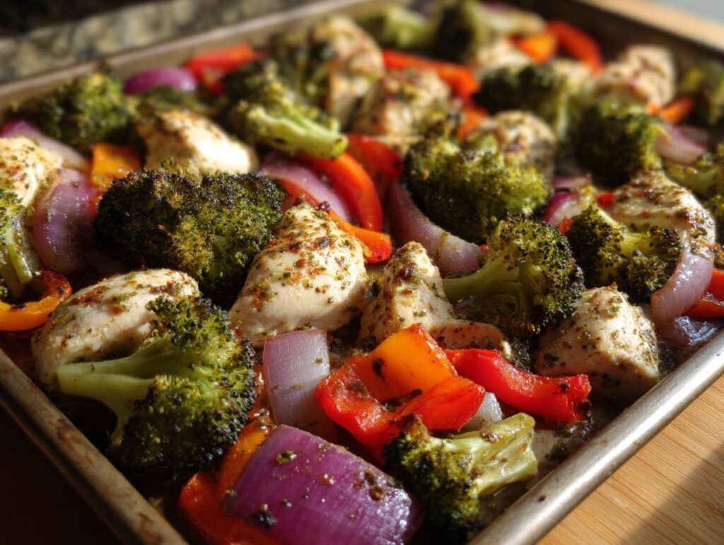 Sheet pan of keto chicken and roasted vegetables, including broccoli, peppers, and onions, perfect for Best Keto Recipes for Fast Weight Loss.