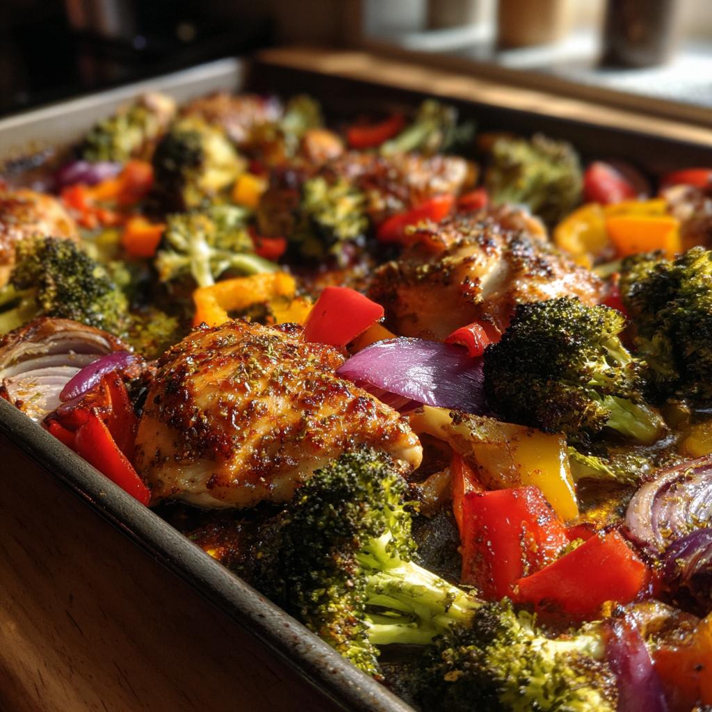 Roasted keto chicken with broccoli, bell peppers, and red onion on a sheet pan. Best Keto Recipes for Fast Weight Loss.
