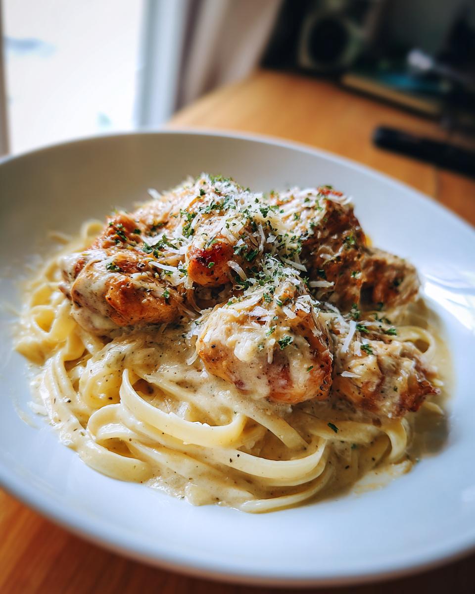 A delicious plate of creamy pasta and chicken, perfect for keto dinner recipes. Topped with herbs and cheese.