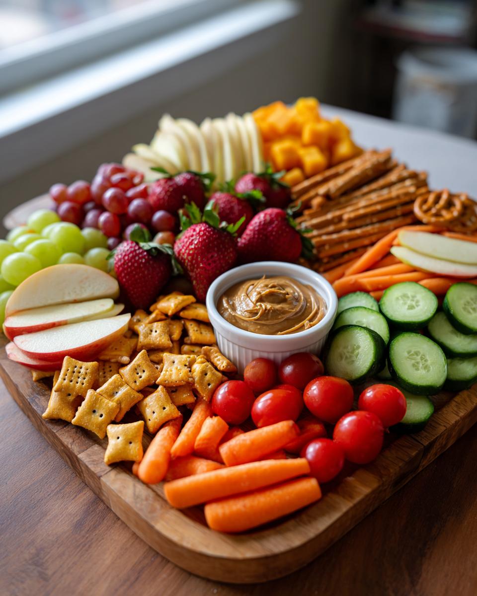 A vibrant Kid-Friendly Snack Board featuring strawberries, grapes, apples, carrots, cucumbers, crackers, and peanut butter dip.