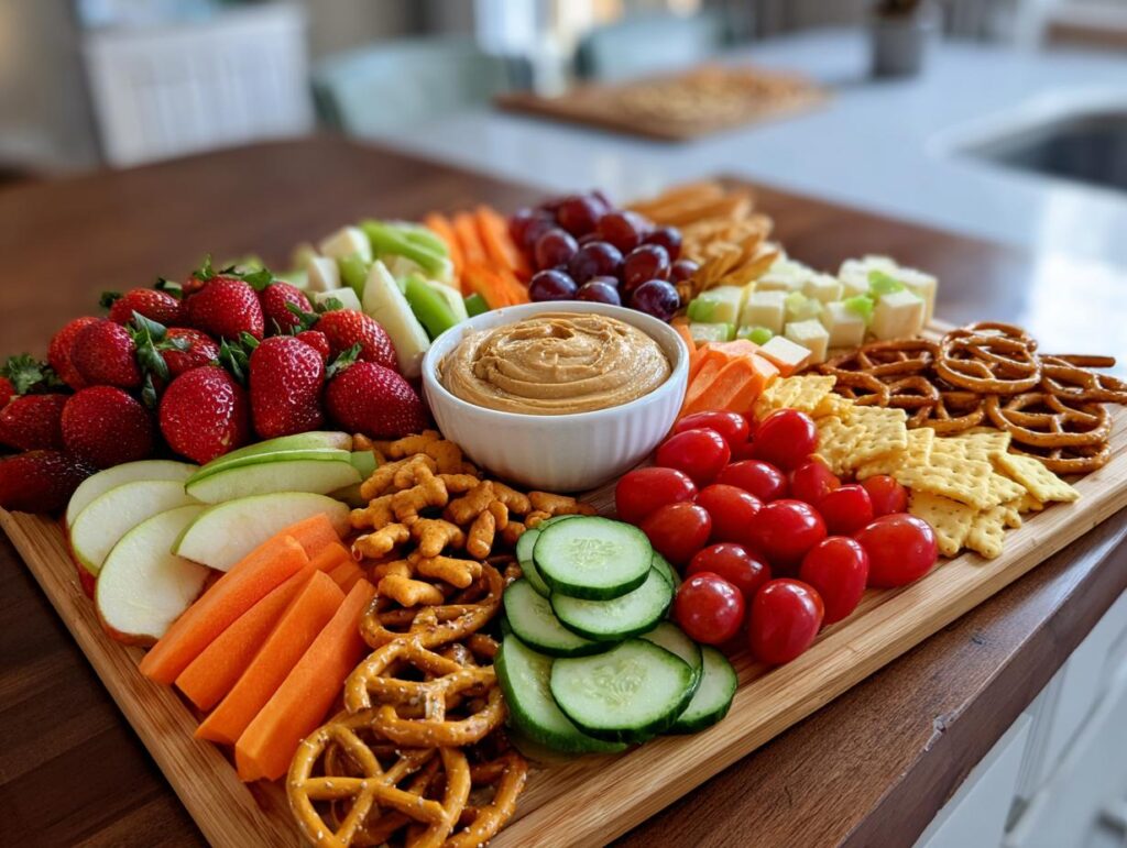 A colorful and abundant Kid-Friendly Snack Board featuring strawberries, apple slices, carrot sticks, grapes, cherry tomatoes, cucumbers, pretzels, crackers, and a bowl of peanut butter.