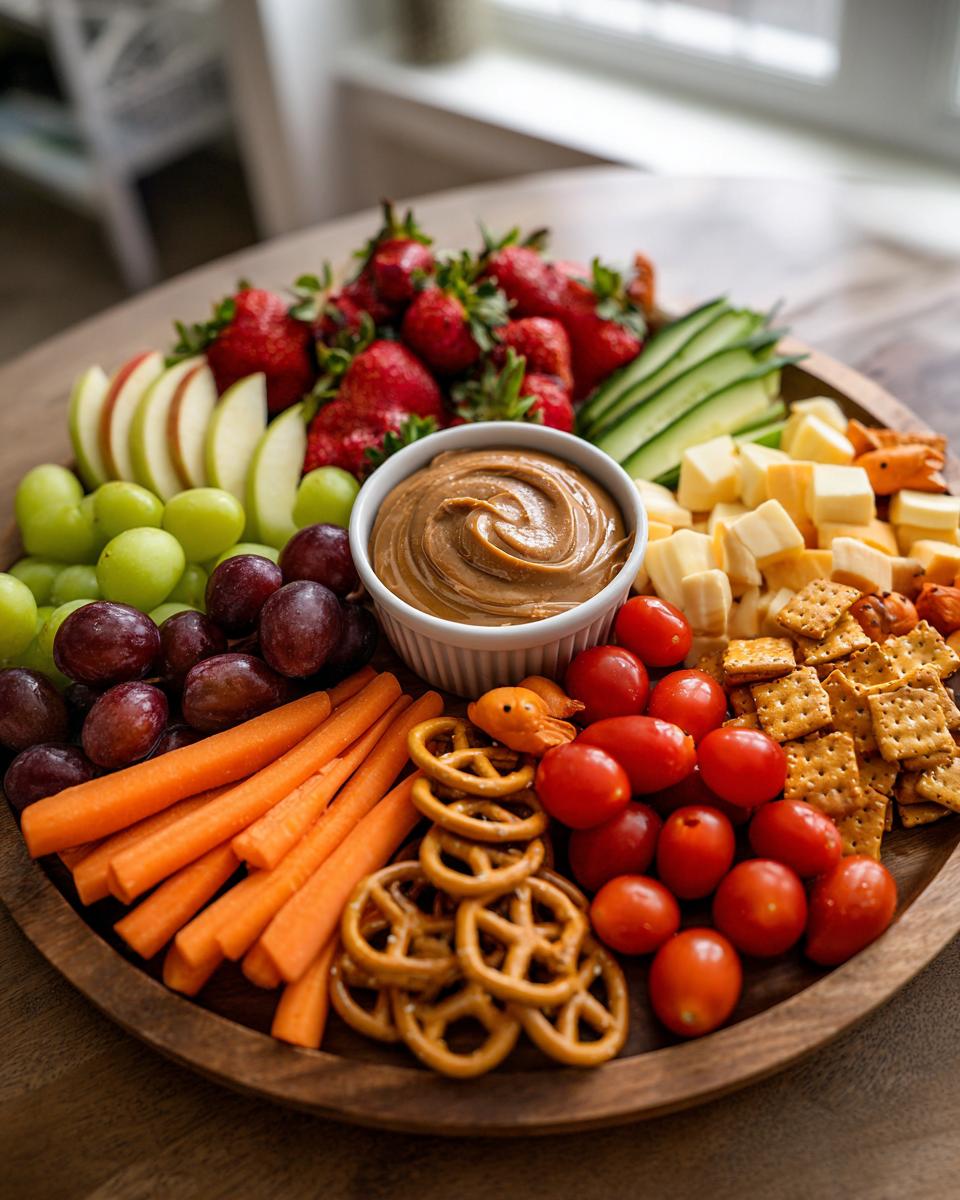 A colorful and appealing Kid-Friendly Snack Board featuring strawberries, grapes, apple slices, carrots, cherry tomatoes, cheese cubes, and pretzels.