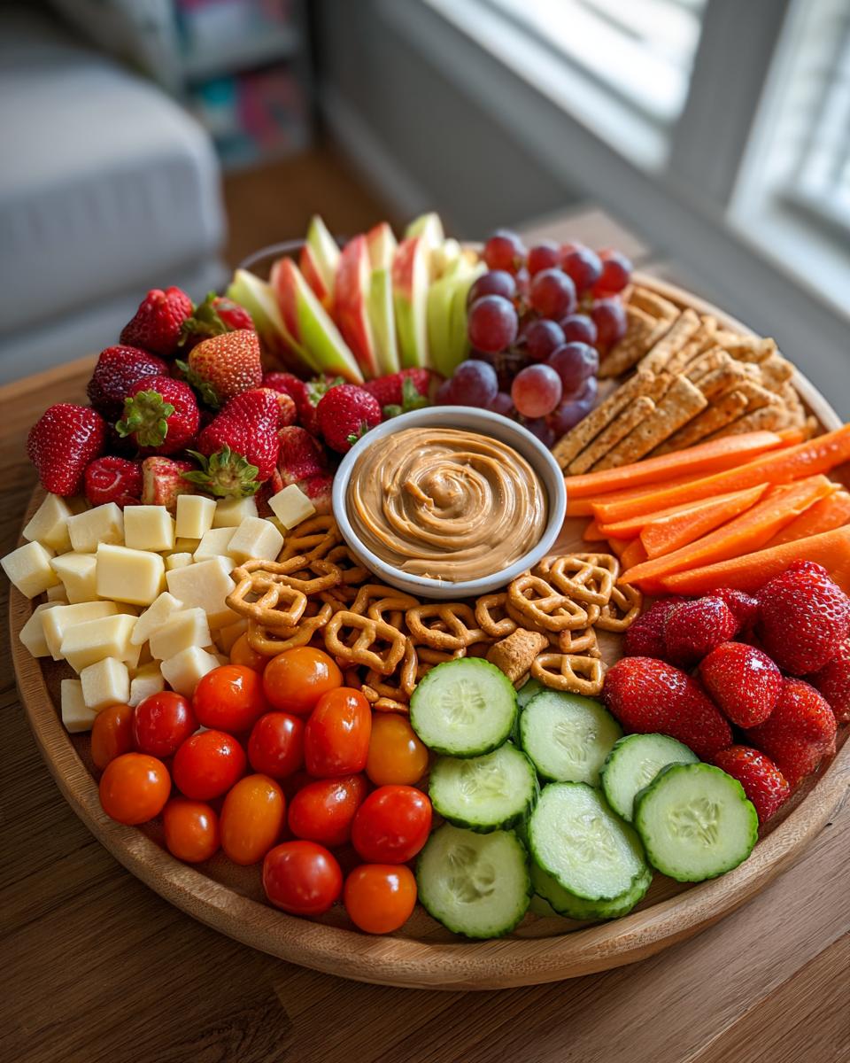 A colorful Kid-Friendly Snack Board featuring strawberries, grapes, apple slices, cheese cubes, cherry tomatoes, cucumbers, carrots, crackers, pretzels, and a peanut butter dip.