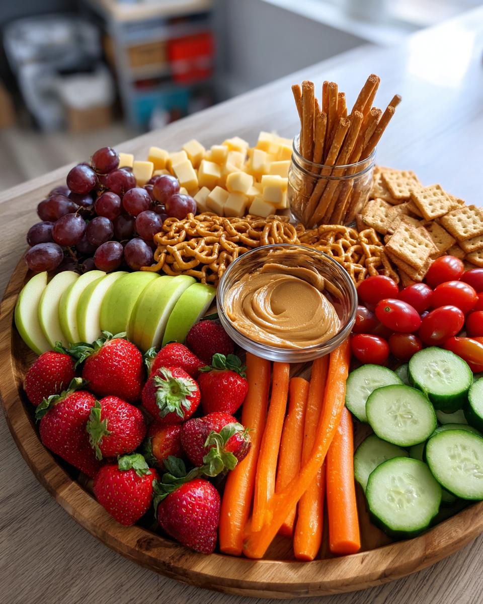 A colorful Kid-Friendly Snack Board featuring strawberries, sliced apples, grapes, cherry tomatoes, cucumbers, carrots, cheese cubes, pretzels, and peanut butter.