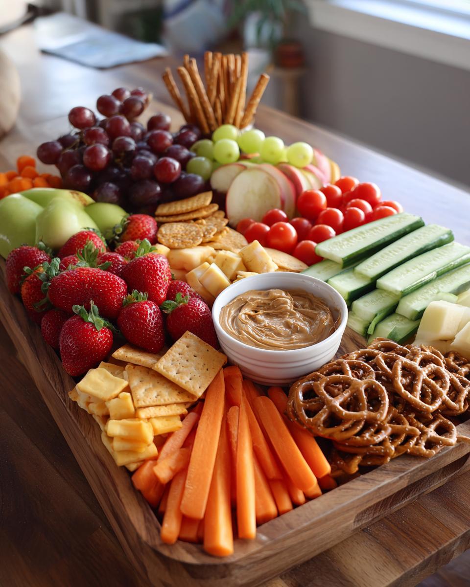 A colorful and inviting Kid-Friendly Snack Board filled with strawberries, grapes, apples, carrots, cucumbers, cheese, crackers, and pretzels.