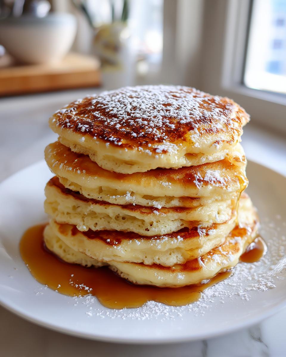 A stack of fluffy pancakes with syrup and powdered sugar, potentially part of lemon dessert recipes.