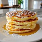 Stack of pancakes, drizzled with syrup and dusted with powdered sugar, for lemon dessert recipes.