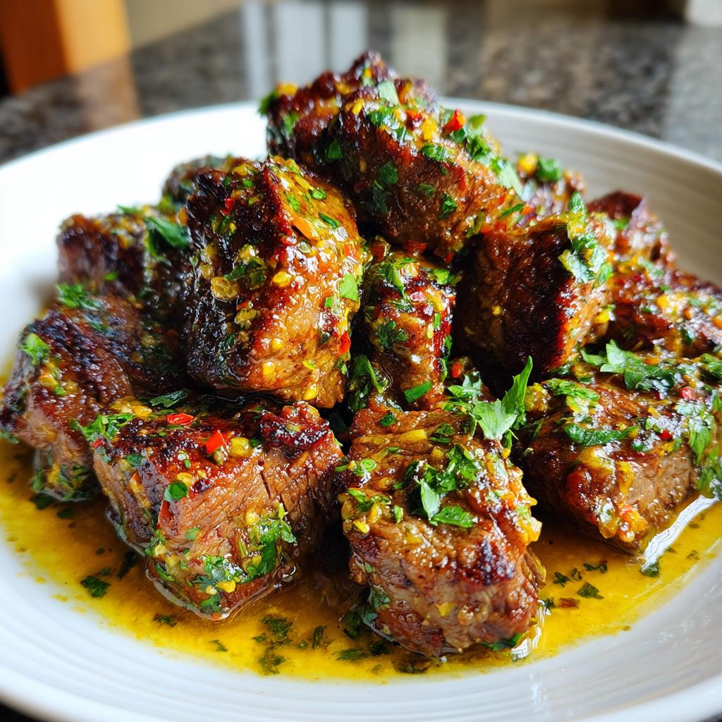 A plate of Lemon Garlic Butter Steak Bites, glistening with sauce and garnished with fresh herbs.