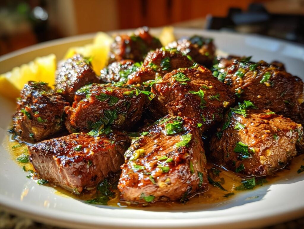 Delicious Lemon Garlic Butter Steak Bites plated with lemon wedges and fresh parsley.