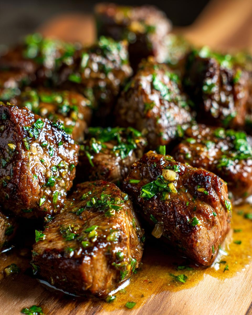 Close-up of Lemon Garlic Butter Steak Bites on a wooden board, garnished with fresh herbs.
