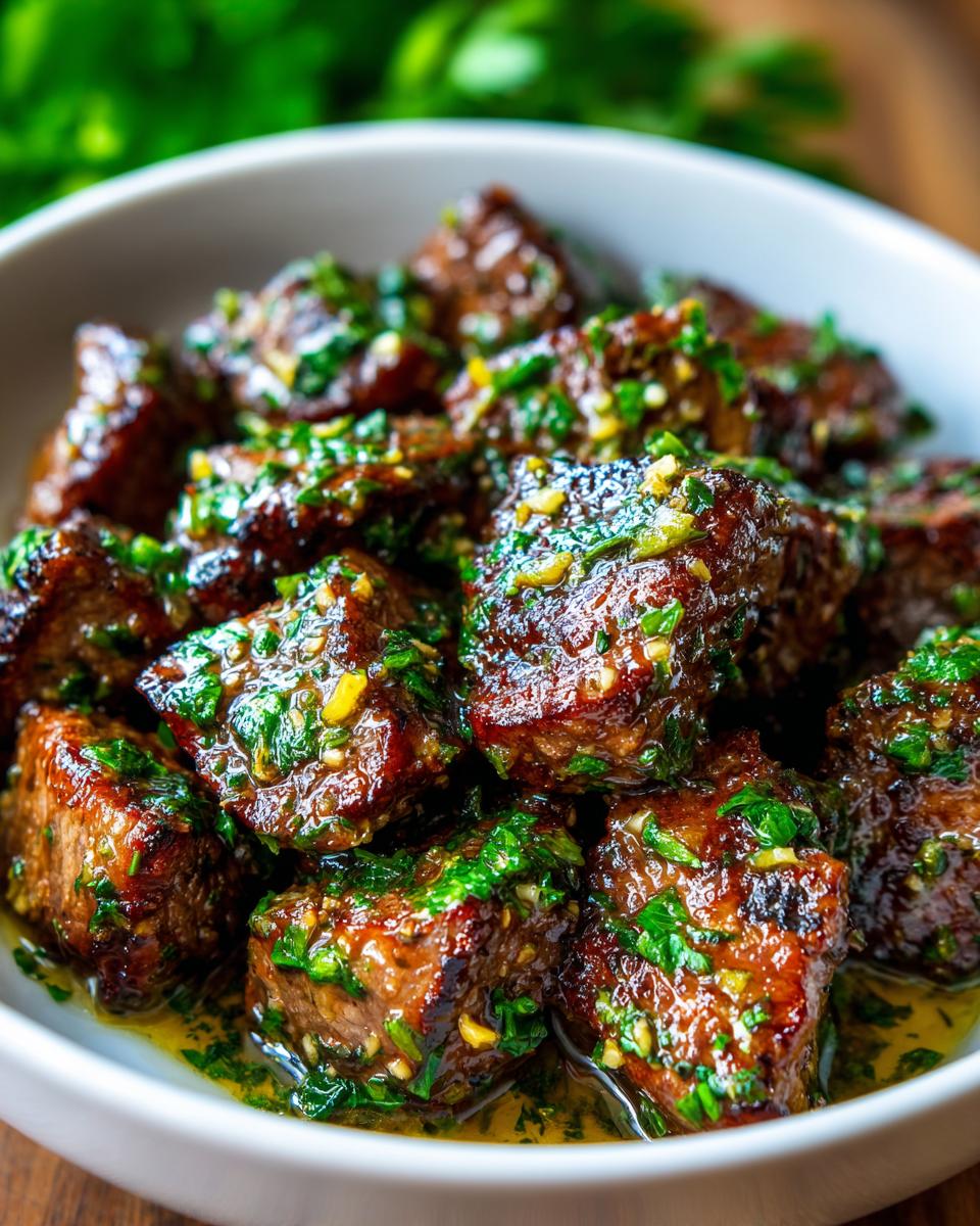 Close-up of Lemon Garlic Butter Steak Bites in a white bowl, garnished with fresh herbs and a buttery sauce.