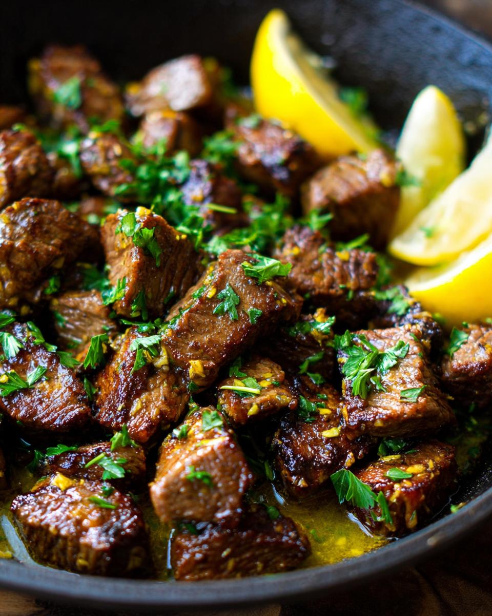 Close-up of Lemon Garlic Butter Steak Bites in a pan, garnished with parsley and lemon wedges.