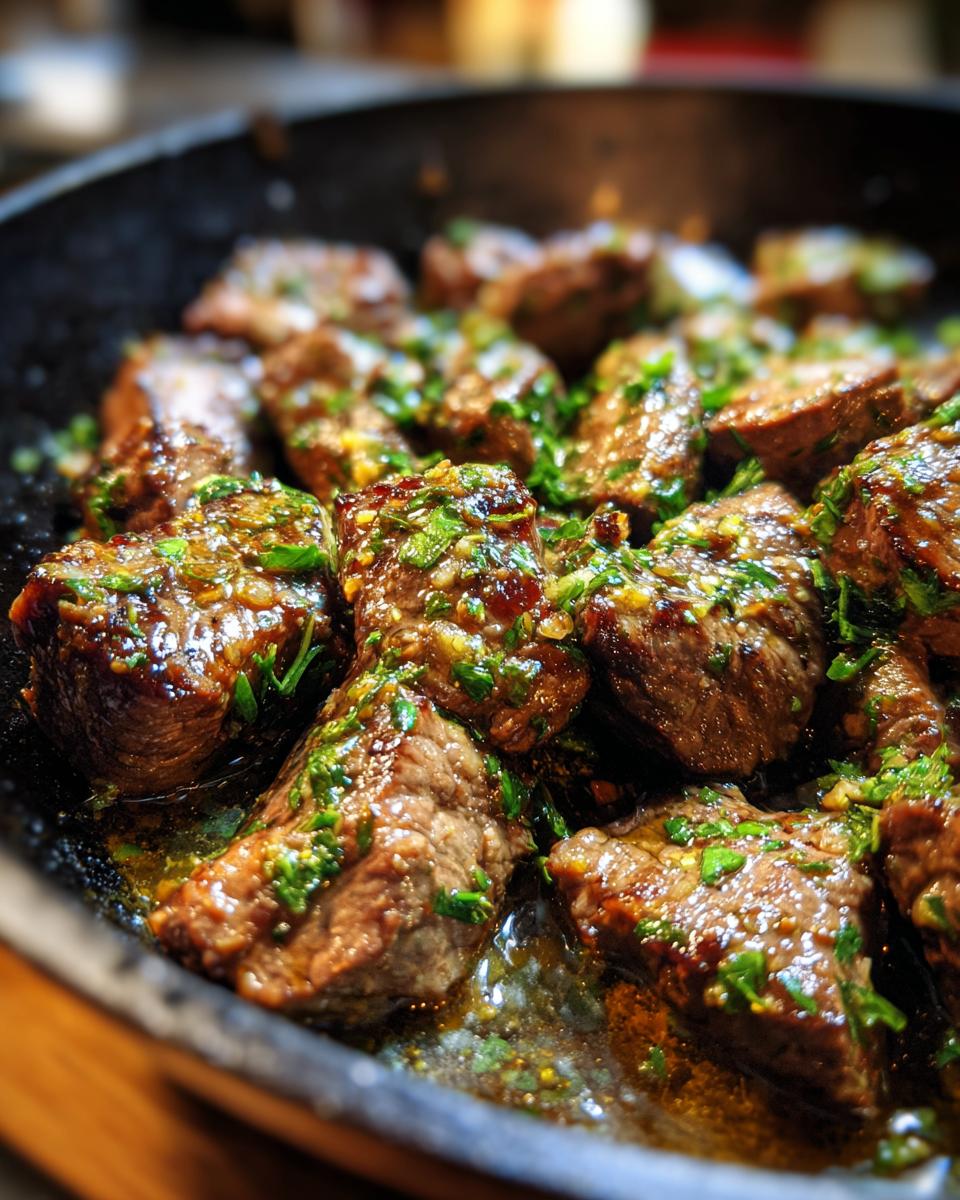 Close-up of Lemon Garlic Butter Steak Bites sizzling in a pan, garnished with fresh herbs.