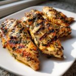 Close-up of juicy Lemon Herb Grilled Chicken breast pieces on a white plate, seasoned with herbs.