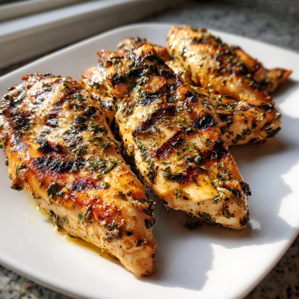 Close-up of juicy Lemon Herb Grilled Chicken breast pieces on a white plate, seasoned with herbs.