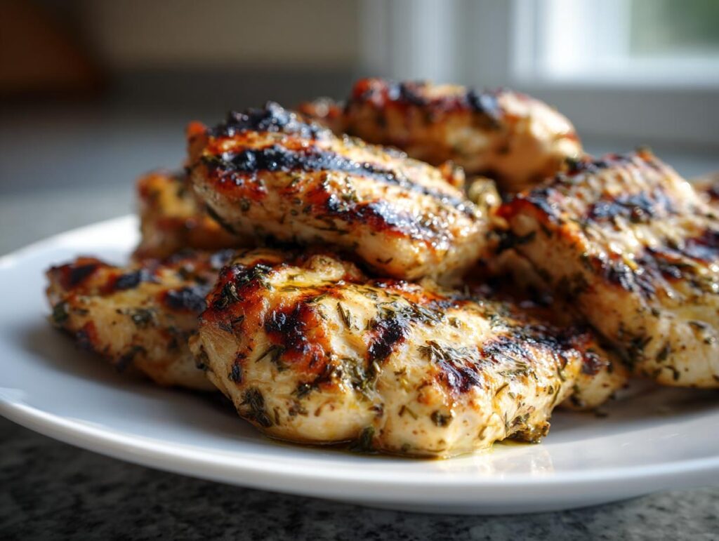 Close-up of juicy lemon herb grilled chicken breast pieces stacked on a white plate, showing grill marks and herbs.