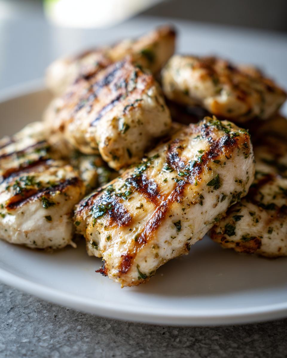 A pile of juicy Lemon Herb Grilled Chicken breast pieces on a white plate, with visible grill marks and herbs.