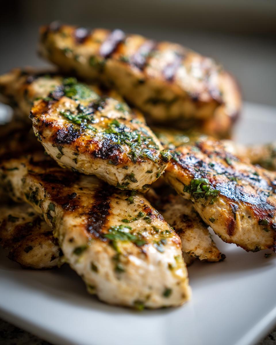A close-up of a stack of juicy lemon herb grilled chicken breast pieces, seasoned with herbs.