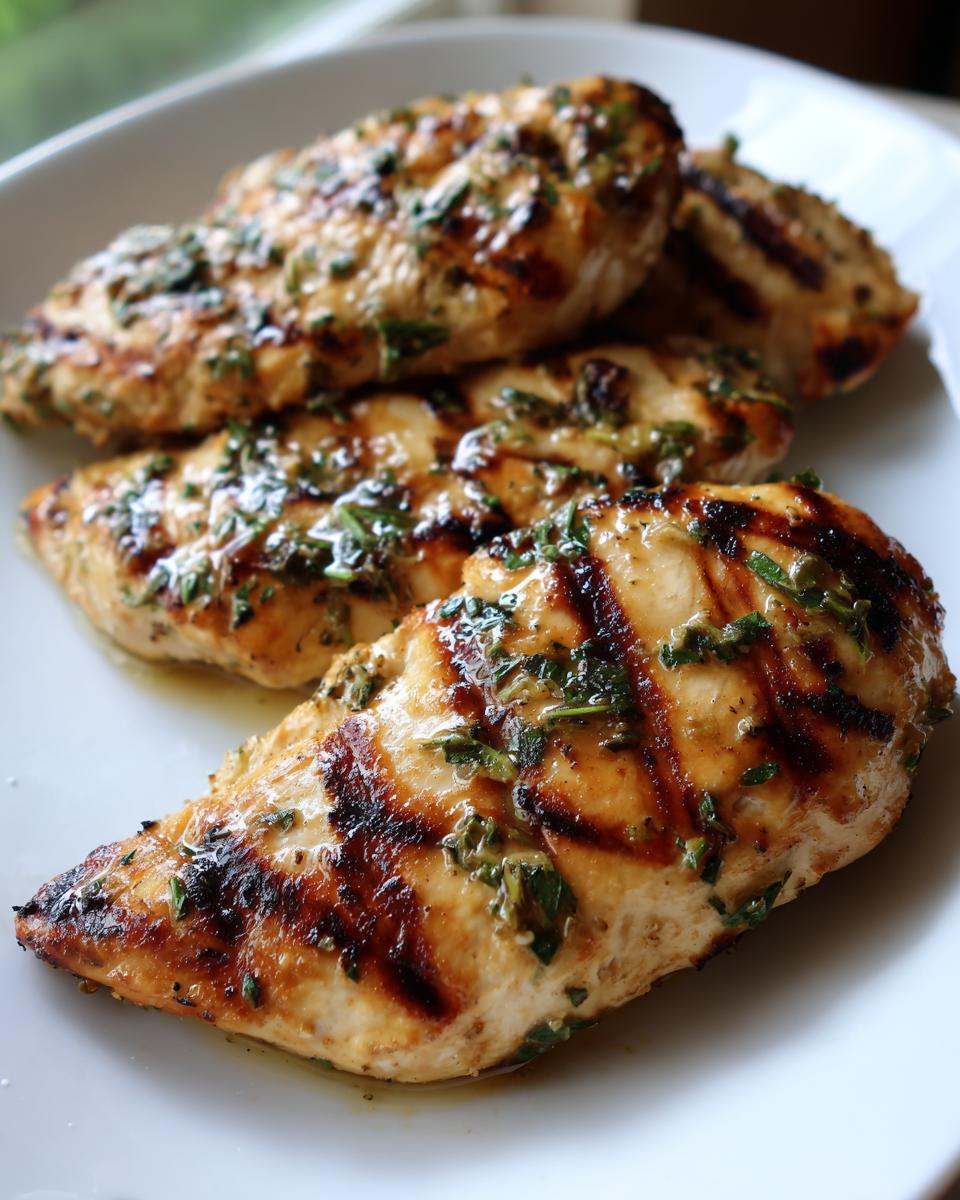 Close-up of juicy Lemon Herb Grilled Chicken breasts on a white plate, with visible grill marks and fresh herbs.