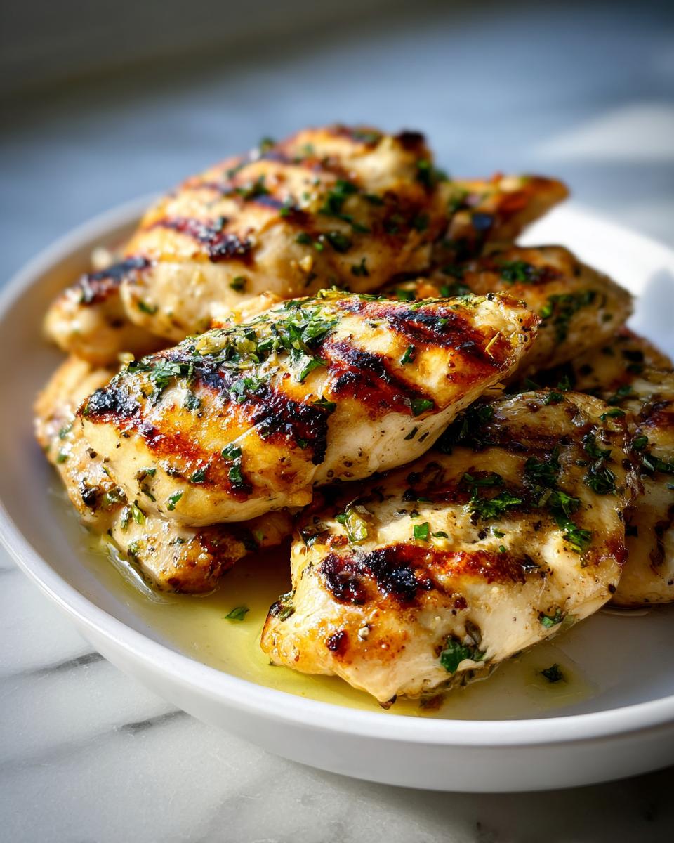 A close-up of juicy lemon herb grilled chicken breasts, perfectly charred and seasoned with fresh herbs.