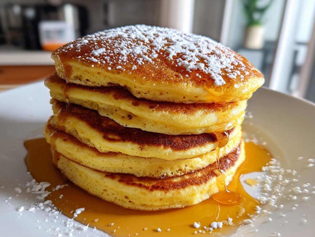 A stack of lemon pancakes drizzled with syrup and dusted with powdered sugar, perfect for lemon dessert recipes.